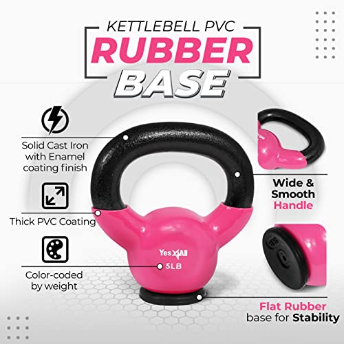 Yes4All Kettlebells Rubber Base, Kettlebell Set for Women, Strength Training Kettlebells Weights (10-65 lbs) - color: A. 5LB - Pink