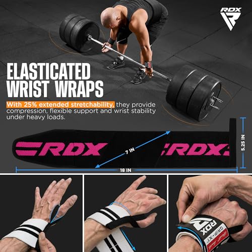 RDX Wrist Wraps for Weightlifting (Pair), IPL USPA Approved, Elasticated 18” Cotton Straps Support with Thumb Loop, Gym Wrap for Weight Lifting Powerlifting Competition Strength Training Bodybuilding - color: Pink Black