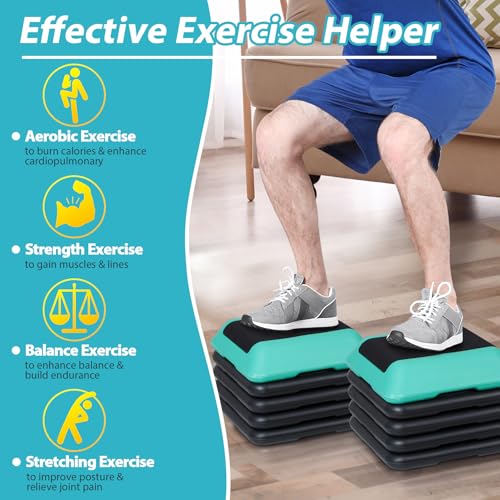 F2C Aerobic Step Exercise Platform Stepper with 4 Risers 16" x 16", Adjustable Height 4"-6''-8''-10''-12" Home Gym Workout Equipment, Fitness Exercise Equipment, Workout Stair Stepper - color: Green