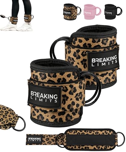 Breaking Limits Ankle Straps for Cable Machines Women - Cable Kick Back Set | Cable Kick Back Ankle Straps, Gym Cable Ankle Strap Attachment, Glute Leg Strap for Cable Machine, Neoprene, Double D-Rings - color: Leopard - Pair