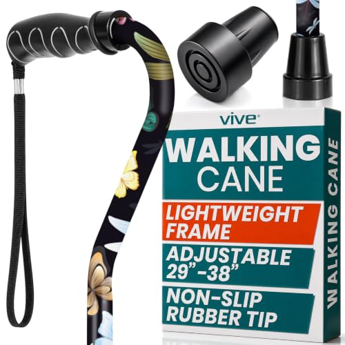 Vive Walking Cane for Women, Men, Elderly - Patented Offset Grip - Lightweight Adjustable Walking Aid with a Non-Slip Tip - Sturdy Balancing Mobility Aid for Seniors - color: Black Butterfly
