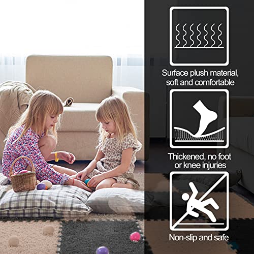 12 pcs Thickened Plush Interlocking Floor Mat 0.6" Thick- Fluffy Square Tiles with 12 Edgings Soft Anti-Slip Puzzle Area Rug Playmat for Room (11.8", Gray & Light Brown) - color: Gray & Light Brown