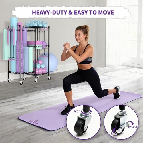 Dumbbell Rack, Home Gym Storage with Locking Wheels & 4 Hooks, 4 Tier Adjustable Workout Equipment Storage for Yoga Mat, Foam Roller, Dumbbell, Kettlebell, Fitness Ball and Resistance Band