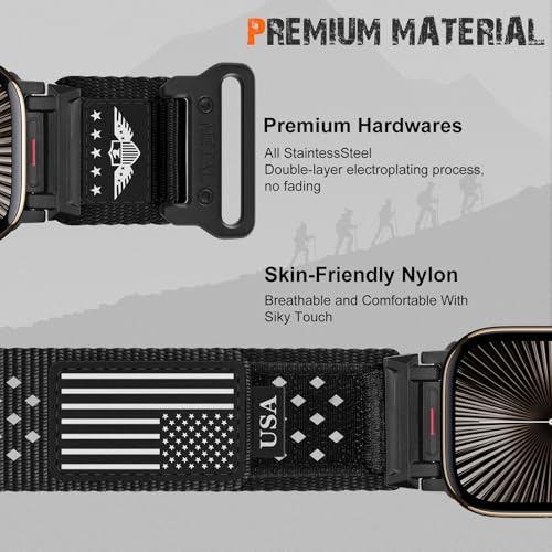 Rugged Nylon Band for Apple Watch Ultra 3/2/1 Series 11 10 9 8 7 6 5 4 SE/3/2/1 for Men,Breathable Stars-Stripes Flag Wristband Workout Athletic Strap for iWatch Ultra Bands 49mm 46mm 45mm 44mm 42mm - color: 01-Black-Black White Flag-Metal adapter, size: