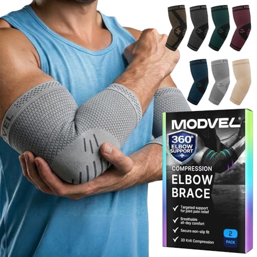 Modvel 2 Pack Elbow Brace - Golfer's Elbow Compression Sleeve Support for Joint Pain Relief, Recovery, Tendonitis Braces, Tennis Elbows Brace For Men & Women, Workout & Weightlifting Arm Wrap, Gray - color: Gray, size: Large