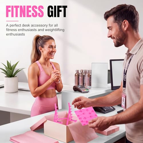 Gerrii Barbell Rack Pen Holder Squat Rack Pen Holder Hot Pink Mini Gym Design Fun Desk Decor with Weights & Barbells, Gift Cards for Gym Lovers Weightlifting Fans Trainers Office Decor