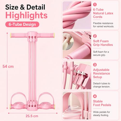 Pedal Resistance Band with Handle & Foot Pedal Resistance Band, 6-Tube Detachable Adjustable Thai Natural Rubber Band for Abs, Arms, Waist & Legs, Home Workout Equipment - color: pink