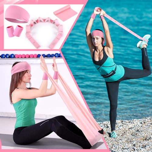 Poen 18 Pcs Home Pilates Kit for Women Pilates Ball and Ring Circle Set Yoga Fitness Essential with 5 Resistance Band Stretching Strap Non Slip Sock Ball Core Slider Wristband Headband Gym Bag - color: Pink
