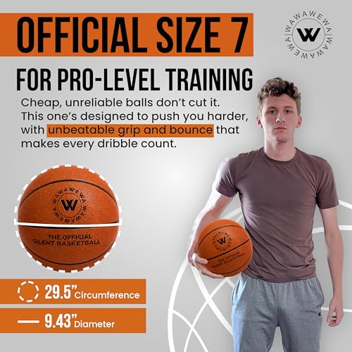 WAWAWEWA The Official Silent Basketball Size 7 (29.5") - Airless Quiet Indoor Basketball for Low-Noise Dribbling, Apartment Practice & Indoor Training - Real Feel PU Foam Ball