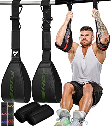 RDX AB Straps for Pull Up Bar Hanging (Pair), Maya Hide Leather, Abdominal Muscle Building Padded Arm Support Slings with D-Ring Strap, Leg Raise Exercise Fitness Workout Strength Training, Men Women - color: Black Green
