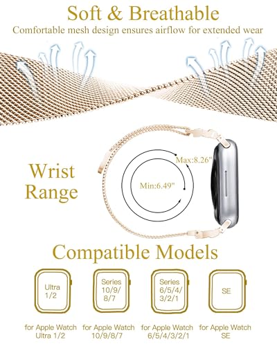 Metal Band Compatible with Apple Watch Bands for Women 38/40/41/42/44/45/46/49mm, Bow-Shaped Diamond Stainless Steel Magnetic Mesh Strap for iWatch Series 11 10 9 8 7 6 5 4 3 2 1 SE Ultra - color: Rose Gold, size: 38mm/40mm/41mm