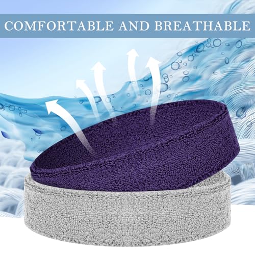 4 Pack Cotton Terry Sweat Headbands for Men Women Running Gym | 4 pack soft cotton terry headbands, Stretch 7 to 15 inches, Sweat-wicking, stays put for running, tennis, basketball & yoga - color: Black/Gray/Purple/White