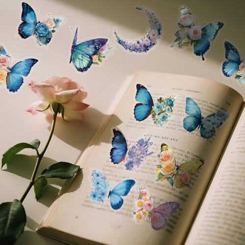 56PCS Butterfly Stickers Aesthetic PET Transparent Stickers Blue Flower Butterfly Decals Waterproof Decorative Decals for Scrapbook Journal Planner Water Bottles Phone Cases Laptops - color: Butterfly