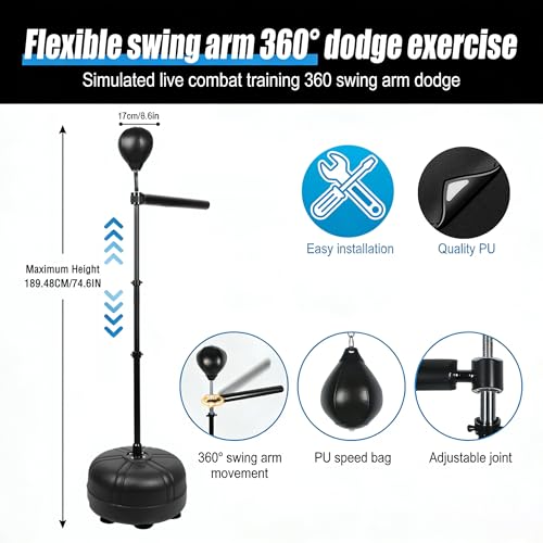 Spinning Reflex Bar Boxing Bar with Punching Bag, Height Adjustable SpinningBar, Freestanding BoxingBar Boxing Speed Trainer Boxing Equipment for Home Gym (1 Ball)