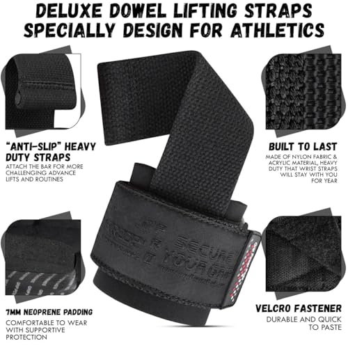 Gym Lifting Dowel Straps Neoprene Padded Wrist Wraps for Weight Training, Bodybuilding & Fitness – Wrist and Grip Support, 2 Pack (Jet Black)
