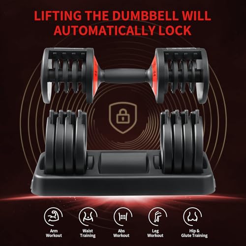 AOTOB Adjustable Dumbbell Set 25/55 Lbs (Pair), Fast Weight Adjustment with Anti-Slip Turning Handle, Space-Saving for Home Gym, Strength Training Equipment for Men & Women - color: 55lbs Black-Single