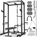 ULTRA FUEGO Power Cage, Multi-Functional Power Rack with J-Hooks, Dip Handles, Landmine Attachment and Optional Cable Pulley System for Home Gym - size: 150LB Weights Package black+Flat Bench