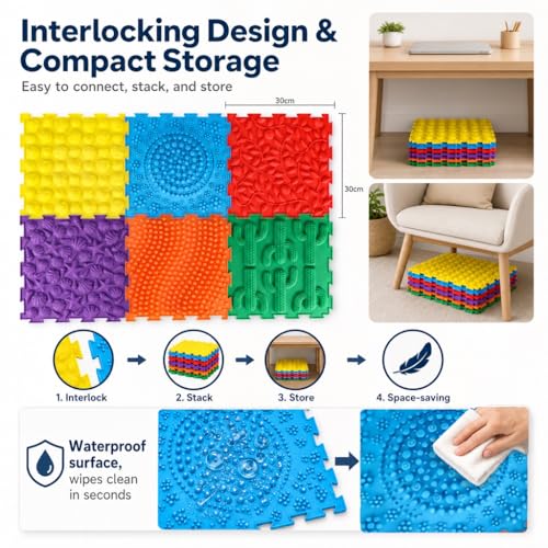Edusense TPU Sensory Floor Tiles - Textured Puzzle Play Mat for Autistic Kids, Non-Slip Massage Game Mats for Sensory Indoor & Outdoor Use|6 Textures Interlocking Tiles for Sensory Therapy - color: Classical