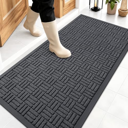 OLANLY Front Door Mat Outside Entrance 47x23, Absorbent, Heavy Duty Sturdy Natural Rubber Doormat Indoor Outdoor, Non-Slip, Stain and Fade Resistant, Low Profile Floor Mat for Entryway, Black Gray - color: Black Gray, size: 47" X 23"