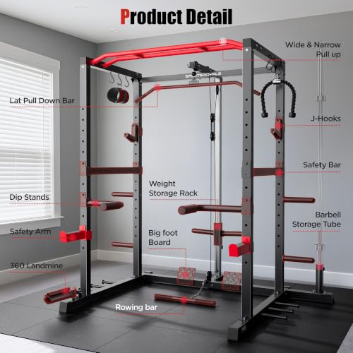 SPORTSROYALS Power Rack, Multi-Functional Power Cage, Squat Rack with Pulley System & LAT Pull Down, Workout Cage with J Hooks for Home Gym - color: Red, style: Power Cage Only