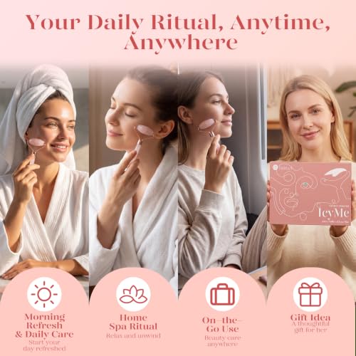 BAIMEI IcyMe Rose Quartz Roller & Gua Sha Set, Cooling Face Roller for Depuffing & Lymphatic Massage, Sculpting Tool for Face, Eyes & Neck, Smooth Skincare Gift for Women and Men - color: Pink