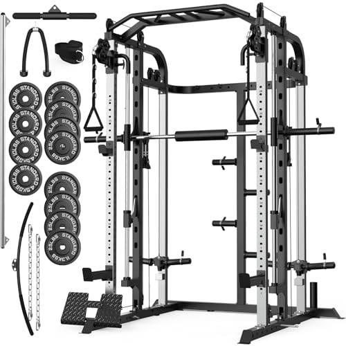 Smith Machine, Multifunctional Power Cage Rack with Smith Bar and Cable Pulley System, and LAT Pull Down Machine for Home Gym… - style: Power Cage with 240 Lbs Plates