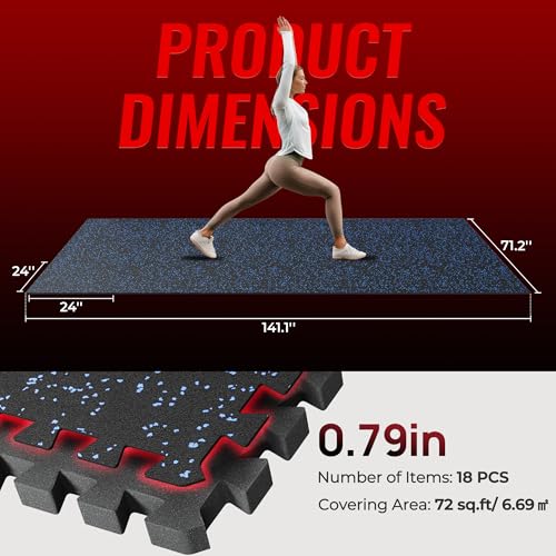 SUPERJARE 0.79'' Extra-Thick Exercise Equipment Mats, 18 Pcs 72 Sq Ft Rubber Top Floor Tiles with High Density EVA Foam, Interlocking Gym Flooring for Home Gym, Workout Mat, Black/Blue - size: 18 Tiles (72 Sq Ft)