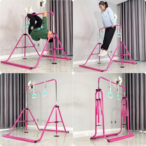 Folding Gymnastics Bar with Rings, Foldable Kip Bar with Sturdier Base, Training Bar for Kids Ages 3-10, Horizontal Bar, Home Gym Equipment for Boy Girl - color: Purple, style: Foldable Bar