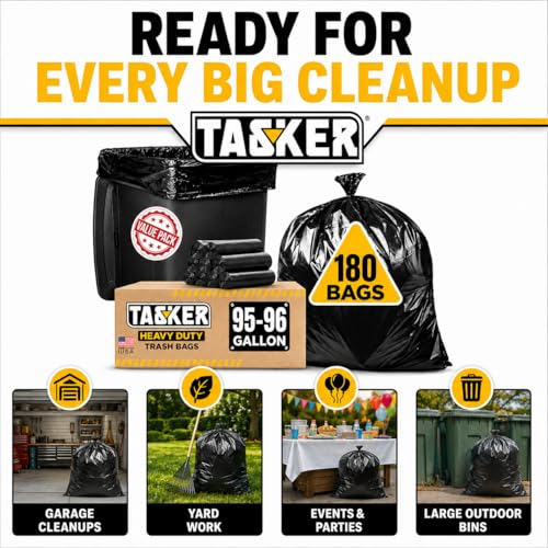 Tasker 95 Gallon Trash Bags Heavy Duty |180 Bags Bulk Pack| 95-96 Gallon, Extra Large XL Black Garbage Bags, Can Liners Fit 90-100 Gallon Cans, Outdoor Yard Waste, Commercial Industrial - size: 180 Count (Pack of 1)