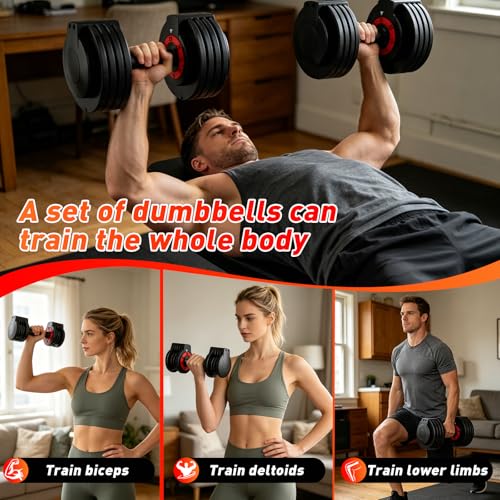 25/55lb Pair Adjustable Dumbbell Set, Adjustable Dumbbells Set of 2, 5 in 1/10 in 1 Free Weights Dumbbells Set with Anti-Slip Texture Handle, Weight Set For Home Gym Suit both Men and Women - color: Red 25LBS Pair