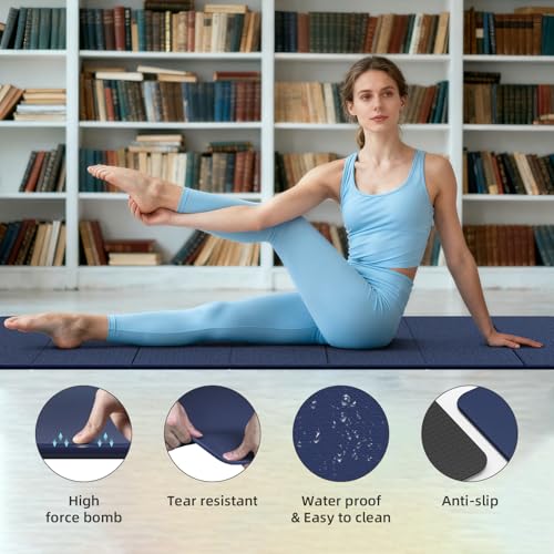 Foldable TPE Yoga Mat Thick 10mm,75" x40"Extra Large Exercise Mats | Stretch Mat Non-slip Fitness Folding Mat Easy to Carry,Wide Gym Mats for Women Men Suitable for Home Workout Travel Pilates - color: Dark Blue