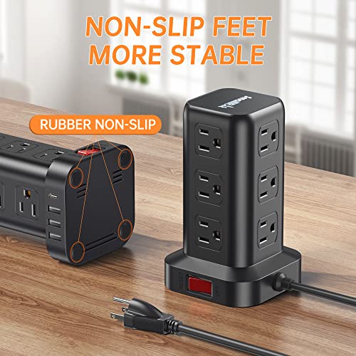 Extension Cord with Multiple Outlets, SMALLRT Surge Protector Power Strip Tower, PD 20W USB C, Outlet Extender with USB Ports 12 AC Outlets, 6.5FT Extension Cord for Home Office, Overload Protection - color: Black, size: 6.5 Ft without wireless charging 2