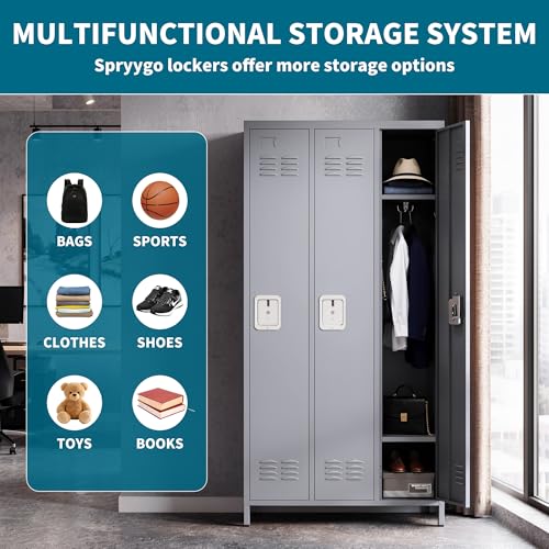 72" Height Metal Locker for Employees with 3 Door,Heavy Duty Steel Storage Lockers with Card Slot for Home Office School Gym Garage,Locker with Lock for Sports,Employees,Assembly Required - color: Grey