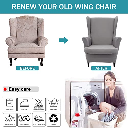 NILUOH Wingback Chair Cover 2-Piece Soft Stretch Wing Chair Slipcover Solid Color Armchair Sofa Couch Cover Furniture Protector with Elastic Bottom for Living Room Bedroom (Light Grey) - color: Light Grey