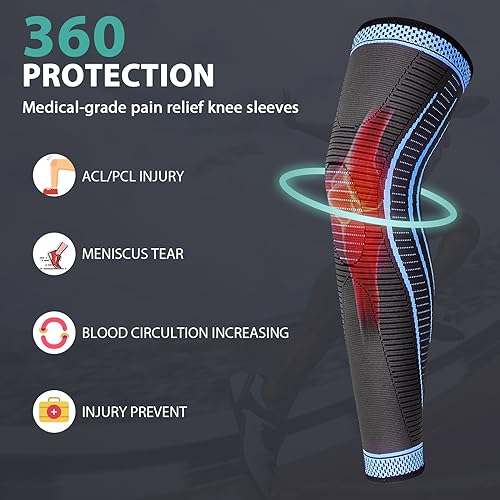 2 Pack Full Leg Compression Sleeves, Long Knee Brace Support for ACL,PCL, Meniscus Tear, Arthritis, Tendinitis,Men And Women (Large, Blue) - color: Blue, size: Large