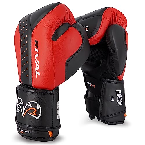 RIVAL Boxing RB10 Intelli-Shock Bag Gloves, Hook and Loop Closure - Ergonomic Fit, 1.25” of Closed Cell Foam for Intense Bag Use - color: Black/Red, size: Large