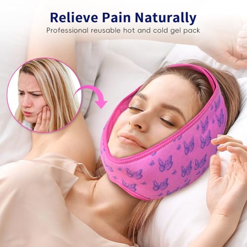 Wisdom Teeth Ice Pack Head Wrap for Pain Relief - Cold Hot Therapy for Face, Jaw & Oral Surgery with 4 Gel Packs, TMJ, Tooth Extraction, Tonsillectomy Recovery - color: Pink