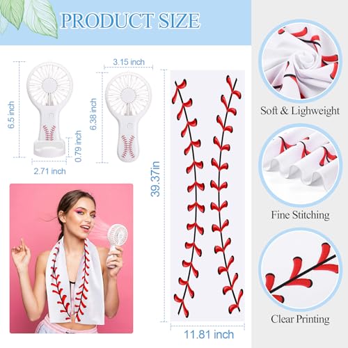 Woanger 24 Pcs Baseball Cooling Towels and Fans Sets Mini Handheld Fans Bulk 3 Speeds USB Lash Towel for Sporting Baseball Gifts for Team Games Party Favor - style: Baseball