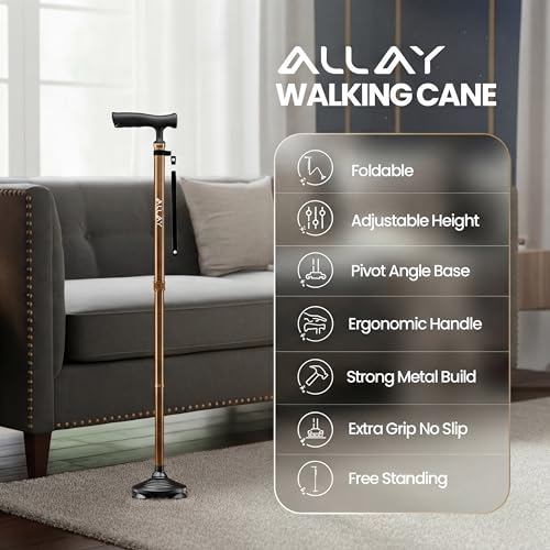 Allay Walking Canes for Men & Women - Adjustable Canes for Women for Stability, Self Standing Wide Quad Pivot Base, Light Weight, Soft Handle Grip and Travel Bag, Walking Sticks for Seniors - color: Brown