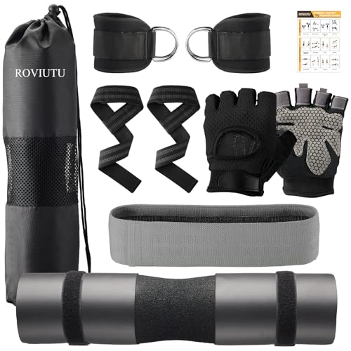 Barbell Pad Set,10 Pcs Barbell Pads for Hip Thrust Squat & Lunges Support,with 2 Workout Ankle Straps, 2 Gym Straps Weight Lifting, 2 Gym Gloves, Resistance Band, Olympic Bar Pad,Carry Bag - color: Black, size: Medium-Glove