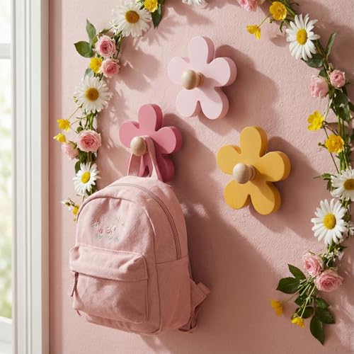 AceOrbit Pcs Daisy Wall Hooks Wood Flower Towel Hooks Cute Flower Decorative Wall Mount Hangers for Bathroom Kitchen Bedroom Home Entryway Decor (3,Yellow, Pink, Purple) - color: Yellow, Pink, Purple