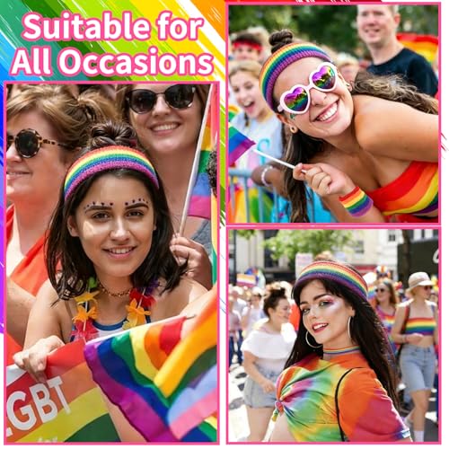 KICOSY Rainbow Sweatband Set - Pride Headband and Wristbands, Terry Cloth Striped Sweatband Set for Sports, Gym, 80s Costumes, and Pride Parade Accessories - color: rainbow