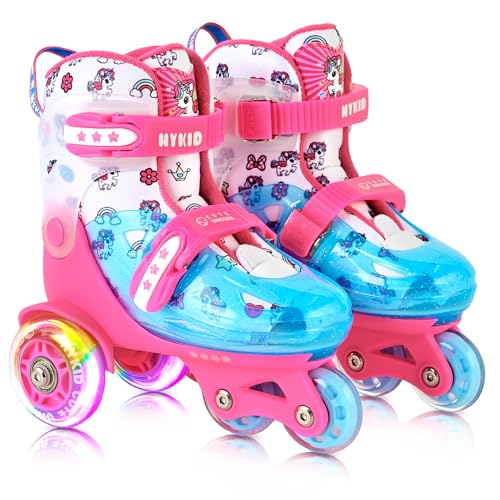 HYKID Toddler Roller Skates, 4 Adjustable Sizes, Fun Illuminating, Safety Three-Point Type, Breathable Upper, Beginners' Roller Skates for Girls Boys Kids - color: Unicorn Rose Pink, size: Little Kid (11C-1Y)
