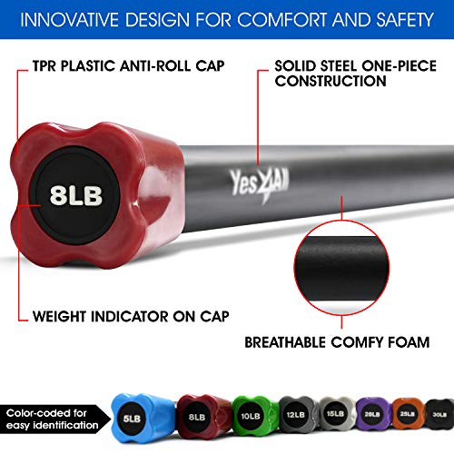 Yes4All Total Body Workout Weighted Bar, Resistance Band Bar, Racks for Strength Training, Exercise Bar for Yoga in Home and Gym - Single/Combo - color: Color-Coded, style: 8lbs Weighted Workout Bar