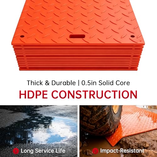 12Pcs 3'x8' Ground Protection Mats w/22 Connectors, Double Sided Diamond Tread, High Density Polyethylene, 90Ton Load Heavy Duty Mat for Lawn Dirt Construction(Orange) - size: 3x8 orange