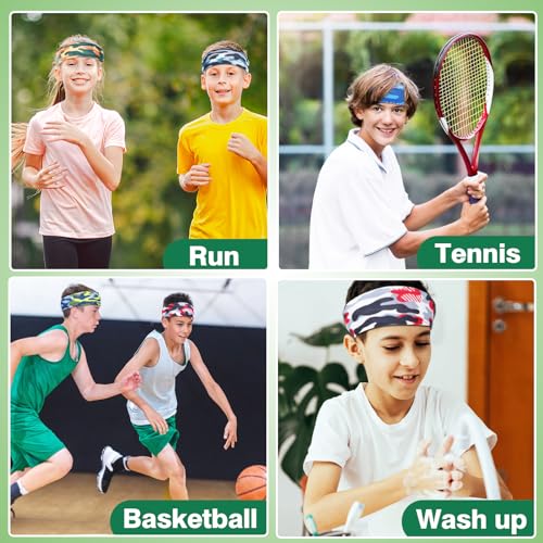 MADHOLLY 6Pcs Breathable Kids Sweat Bands for Ages 4-10 Boys Girls | Sweat Absorption, Soft, Elastic Wicking Head Bands, Sports Accessories for Football, Soccer, Basketball, Baseball, Running - style: Camouflage