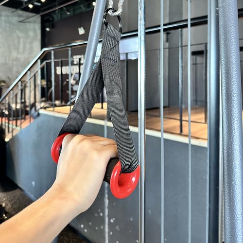 Resistance Band Handles, 2 Pack Heavy Duty Cable Machine Grips | Reinforced 2 in. webbing, D-rings, and textured grips for bands, cable machines, strength training - color: Red