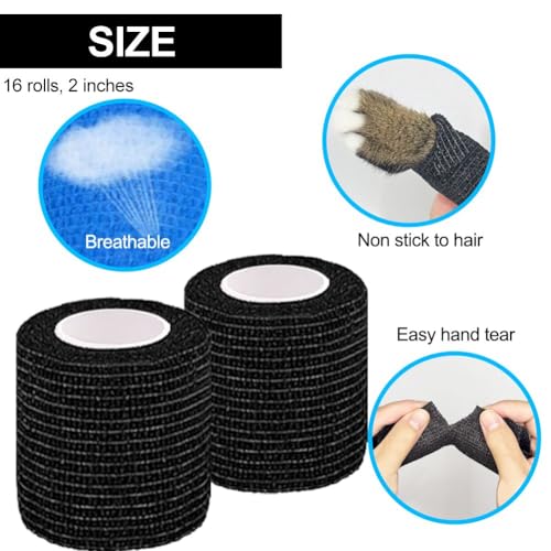 16 Pack Self Adhesive Bandage Wrap 2 Inches | 2" X 5 Yards Black Elastic Cohesive Bandage Wrap for Sports, Wrist, Ankle and Vet Wrap, Grip Tape
