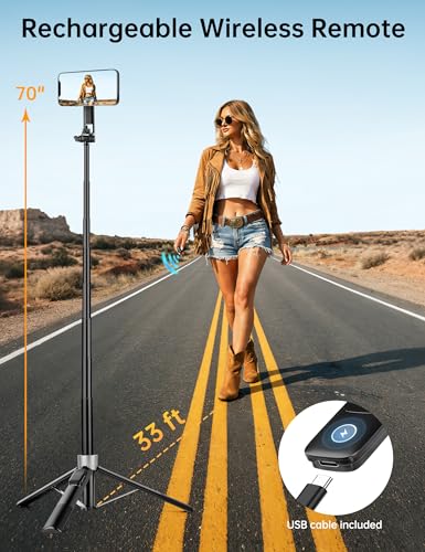 70" Magnetic Phone Tripod, Selfie Stick Tripod for iPhone MagSafe & Camera with Rechargeable Remote & 2 in 1 Magnetic Holder, 360° Rotatable Portable Cell Phone Stand for Travel Vlog Video Recording - color: Black, size: 70 inch