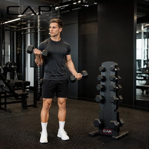 CAP Rubber Coated Hex Dumbbell Set with Storage Rack | 100–210 lb Options, Space-Saving Vertical Compact Storage for Home Gym Strength Training - size: 210 lb - Set - Black Rack, style: Chrome Handles